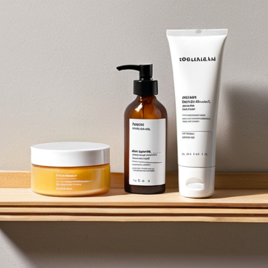 **A minimalist bathroom shelf with only a few high-quality skincare products.** Focus on clean lines, natural light, and sustainable packaging. Include key ingredients like hyaluronic acid, Vitamin C, and retinol displayed subtly on the product labels. The overall aesthetic should evoke a sense of calm and well-being, reflecting the "skinimalism" and self-care trends.