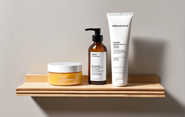 **A minimalist bathroom shelf with only a few high-quality skincare products.** Focus on clean lines, natural light, and sustainable packaging. Include key ingredients like hyaluronic acid, Vitamin C, and retinol displayed subtly on the product labels. The overall aesthetic should evoke a sense of calm and well-being, reflecting the "skinimalism" and self-care trends.