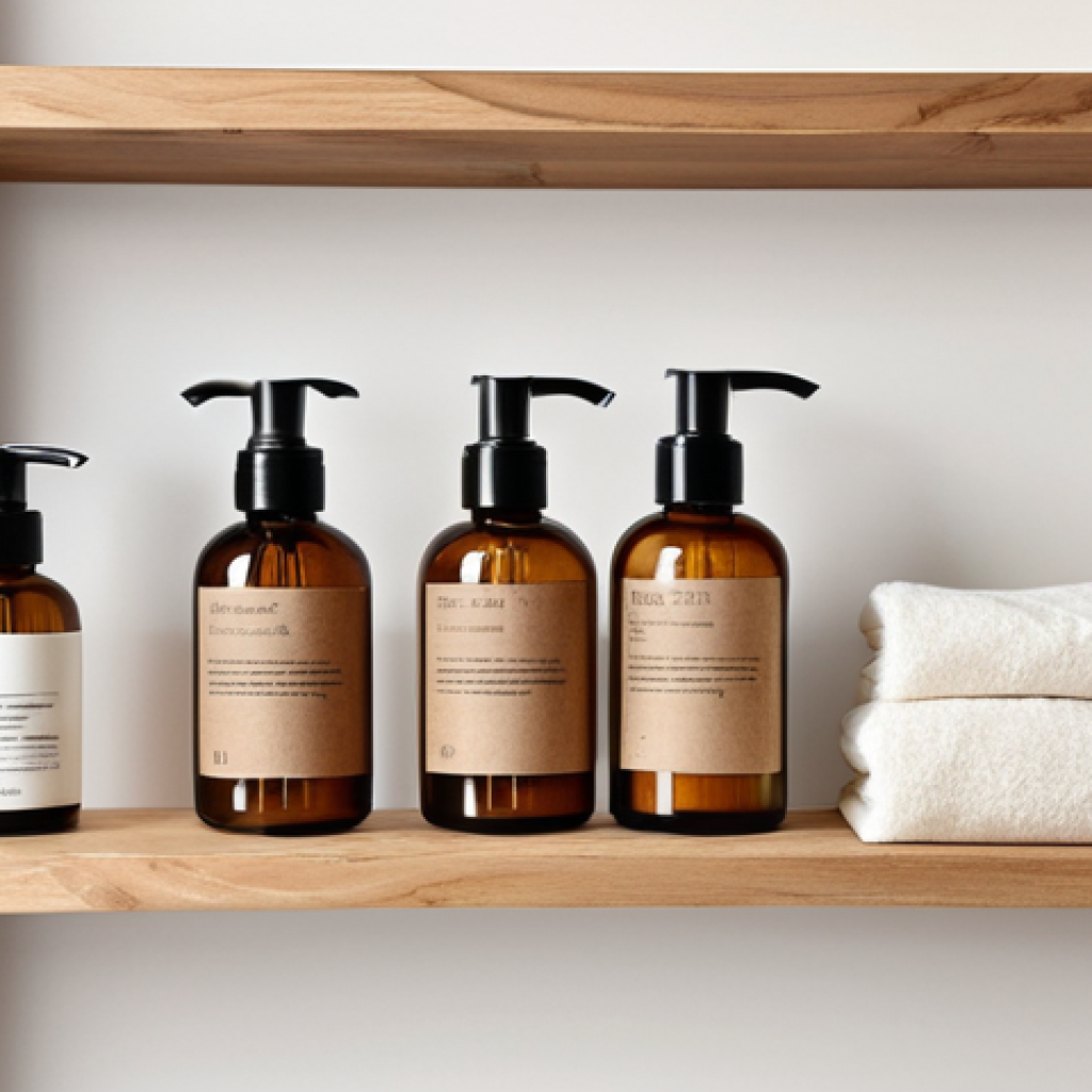 **A minimalist bathroom shelf featuring skincare products in sustainable packaging. Focus on clear lines, natural materials like wood, glass, and recycled paper. The overall aesthetic should be clean, elegant, and eco-conscious, appealing to a discerning German consumer.**
