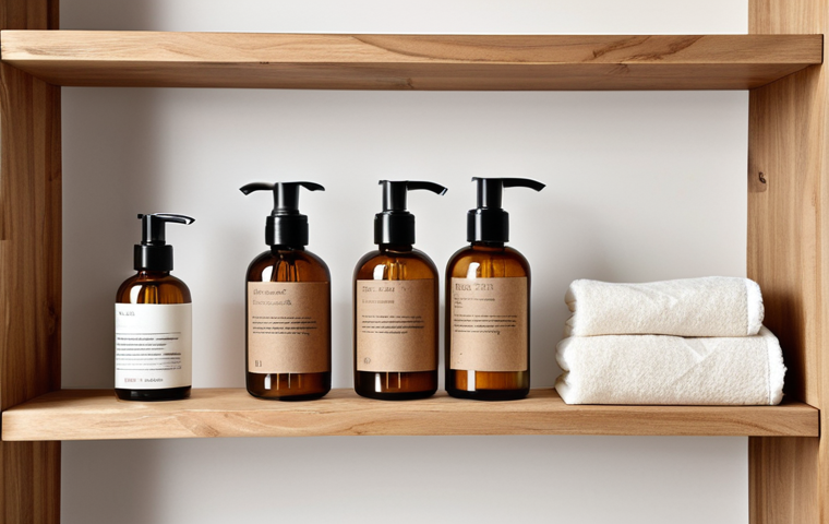 **A minimalist bathroom shelf featuring skincare products in sustainable packaging. Focus on clear lines, natural materials like wood, glass, and recycled paper. The overall aesthetic should be clean, elegant, and eco-conscious, appealing to a discerning German consumer.**