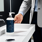 A person with perfect anatomy and correct proportions, showcasing a luxurious personal care product bottle in their hand. The bottle is minimalist, with a matte finish, resting comfortably in their well-formed hands. The setting is a clean, modern bathroom with soft, professional studio lighting. Focus on the elegant design and the inviting texture of the packaging. The person is fully clothed in modest, appropriate attire, reflecting a professional and family-friendly aesthetic. The image conveys a sense of well-being and high quality. safe for work, appropriate content, natural pose, natural body proportions, high-resolution photography.