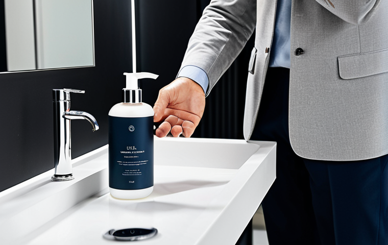 A person with perfect anatomy and correct proportions, showcasing a luxurious personal care product bottle in their hand. The bottle is minimalist, with a matte finish, resting comfortably in their well-formed hands. The setting is a clean, modern bathroom with soft, professional studio lighting. Focus on the elegant design and the inviting texture of the packaging. The person is fully clothed in modest, appropriate attire, reflecting a professional and family-friendly aesthetic. The image conveys a sense of well-being and high quality. safe for work, appropriate content, natural pose, natural body proportions, high-resolution photography.