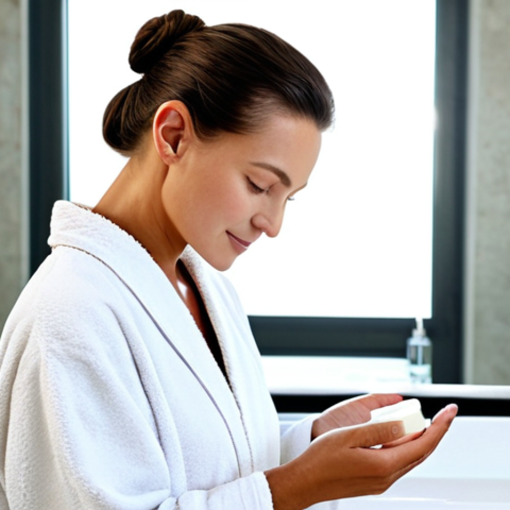 Serene Skincare Routine**
"A woman with healthy, glowing skin is gently applying a light moisturizer to her face in a bright, modern bathroom. The bathroom features natural light and calming colors. She is wearing a comfortable, modest robe and her hair is neatly pulled back. Displayed are simple, elegant skincare products (bottles, jars) with German labeling suggesting ingredients like Hyaluronic Acid and Aloe Vera. Safe for work, appropriate content, fully clothed, professional, family-friendly, perfect anatomy, correct proportions, natural pose, well-formed hands, proper finger count, natural body proportions."
**