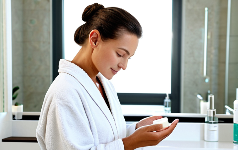 Serene Skincare Routine**

"A woman with healthy, glowing skin is gently applying a light moisturizer to her face in a bright, modern bathroom. The bathroom features natural light and calming colors. She is wearing a comfortable, modest robe and her hair is neatly pulled back. Displayed are simple, elegant skincare products (bottles, jars) with German labeling suggesting ingredients like Hyaluronic Acid and Aloe Vera. Safe for work, appropriate content, fully clothed, professional, family-friendly, perfect anatomy, correct proportions, natural pose, well-formed hands, proper finger count, natural body proportions."

**