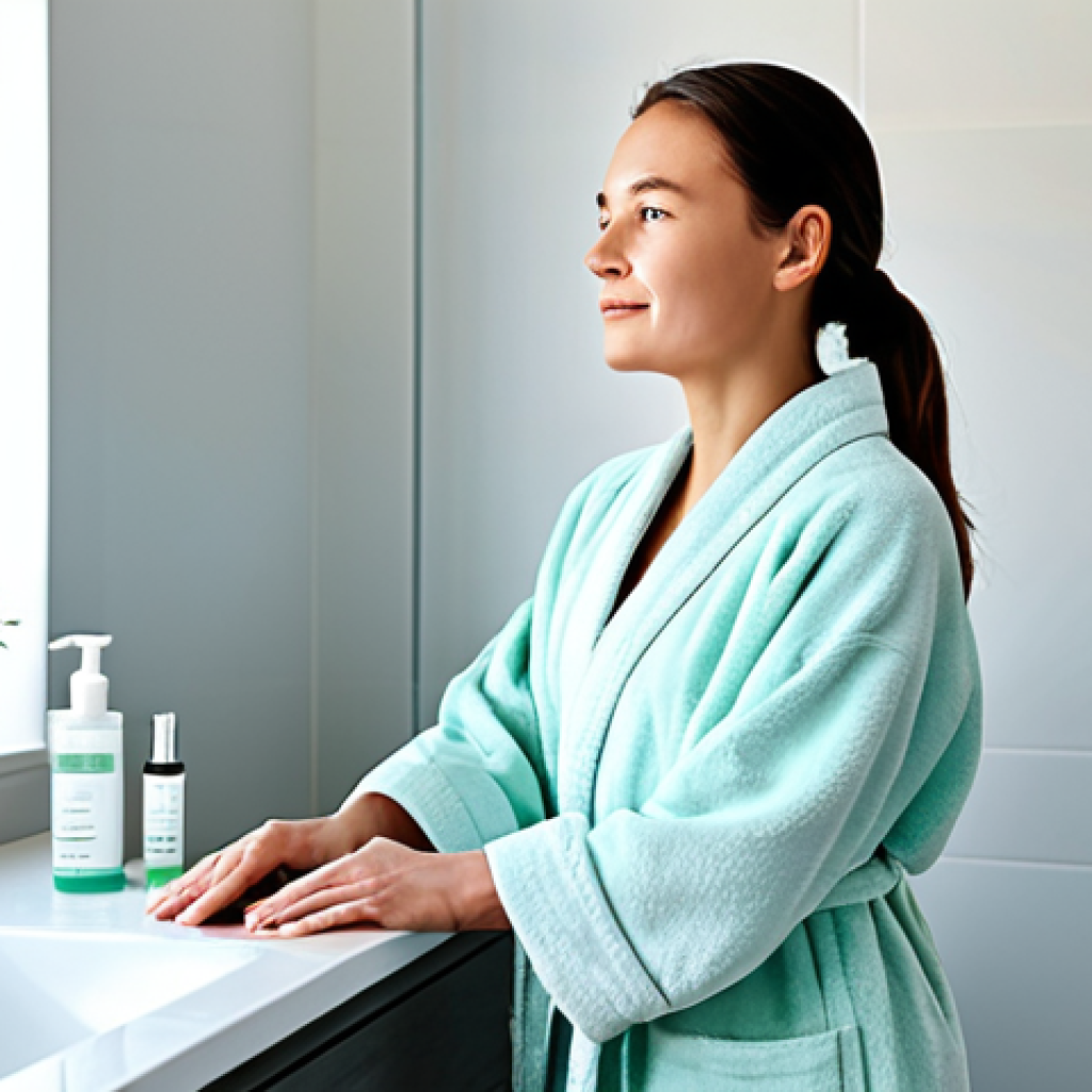 Gentle Skincare Routine**
"A woman with clear, healthy-looking skin is gently cleansing her face with a mild cleansing gel in a bright, minimalist bathroom. She's wearing a comfortable, light-colored robe, fully clothed. Focus on the gentle application and the clean environment. Safe for work, appropriate content, family-friendly, perfect anatomy, correct proportions, well-formed hands, professional lighting, high resolution."
**