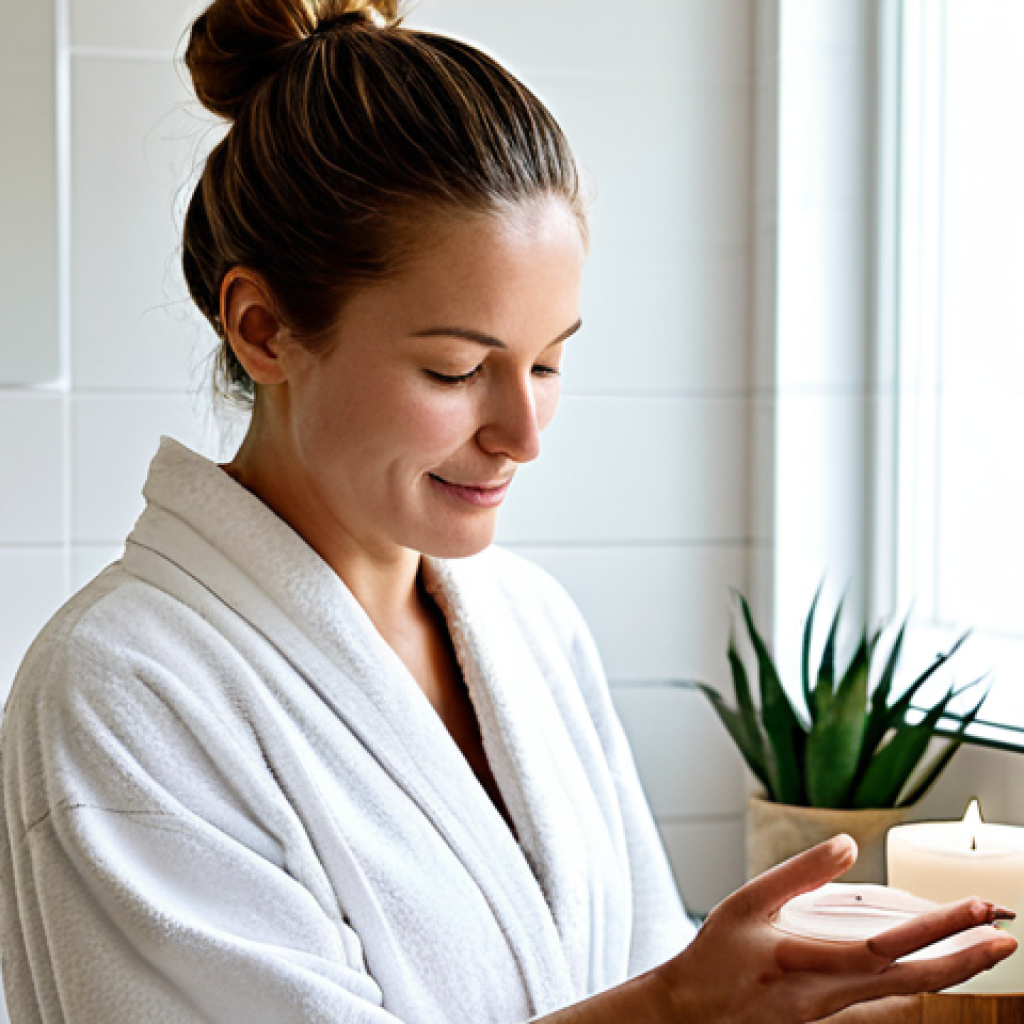 Achtsamkeit im Badezimmer (Mindfulness in the Bathroom)**
"A woman with a serene expression, gently massaging organic face cream into her skin in a bright, modern bathroom. Candles are lit, and there are natural elements like plants and wooden accessories visible. Focus on the feeling of calm and self-care. Fully clothed in a comfortable robe, appropriate content, safe for work, professional photography, perfect anatomy, natural proportions, high quality."
**