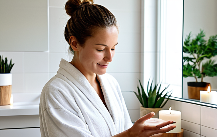 Achtsamkeit im Badezimmer (Mindfulness in the Bathroom)**

"A woman with a serene expression, gently massaging organic face cream into her skin in a bright, modern bathroom. Candles are lit, and there are natural elements like plants and wooden accessories visible. Focus on the feeling of calm and self-care. Fully clothed in a comfortable robe, appropriate content, safe for work, professional photography, perfect anatomy, natural proportions, high quality."

**