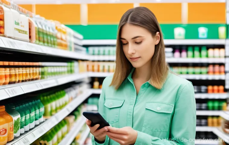 퍼스널 케어 제품의 소비자 환경 의식 변화 - **Prompt 1: Navigating Greenwashing with Digital Help**
    A realistic, well-lit image of an adult ...