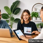 Home 21 퍼스널 케어 제품의 유통 채널 변화 - A modern, bright digital workspace showing a diverse group of young adults engaging with social medi...