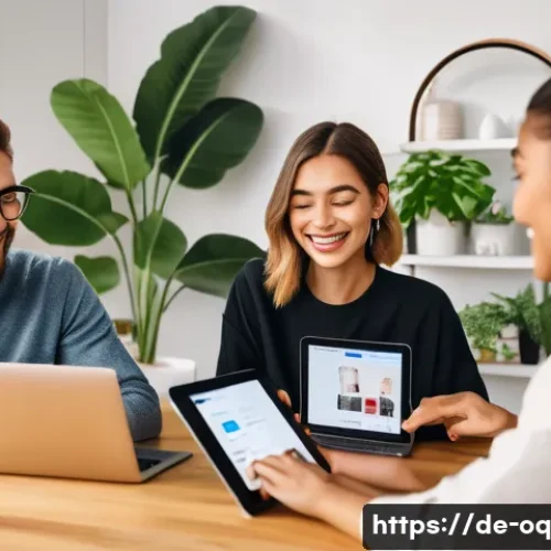 Home 33 퍼스널 케어 제품의 유통 채널 변화 - A modern, bright digital workspace showing a diverse group of young adults engaging with social medi...