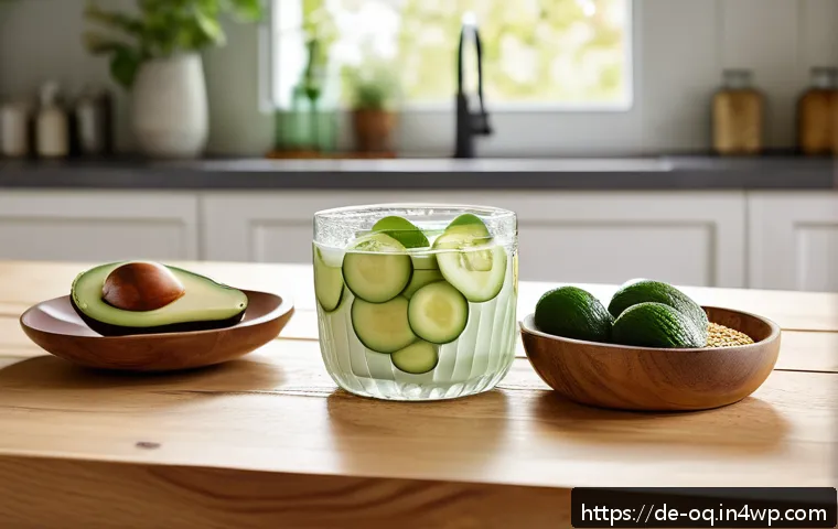 퍼스널 케어 제품으로 만드는 뷰티 팩 - A bright, airy kitchen scene featuring natural skincare ingredients arranged on a wooden countertop:...