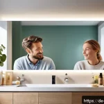 Home 19 퍼스널 케어 제품에 대한 고객 리뷰 분석 - A cozy, modern bathroom scene focused on a diverse group of adults with sensitive skin examining ski...