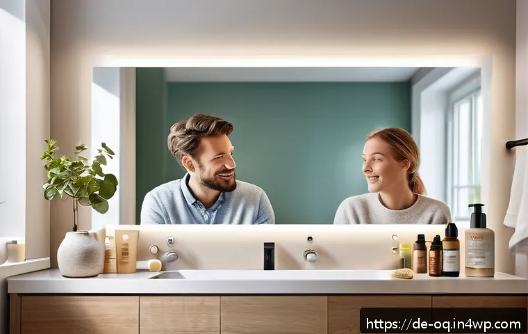퍼스널 케어 제품에 대한 고객 리뷰 분석 - A cozy, modern bathroom scene focused on a diverse group of adults with sensitive skin examining ski...