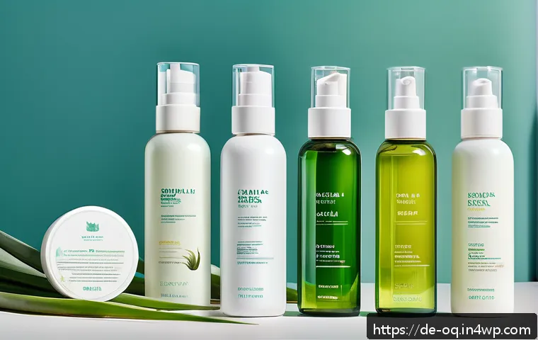 퍼스널 케어 제품 브랜드별 비교 - A serene and modern skincare laboratory setting showcasing natural plant extracts like Aloe Vera and...