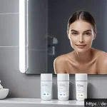 Home 23 퍼스널 케어 제품의 사용자 경험 향상 전략 - A modern bathroom scene featuring a sleek smart skincare device with integrated sensors and a digita...