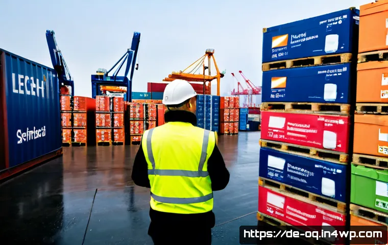 퍼스널 케어 제품의 수출입 동향 - Photorealistic export logistics scene at the Port of Hamburg, Germany: neatly stacked unbranded cart...